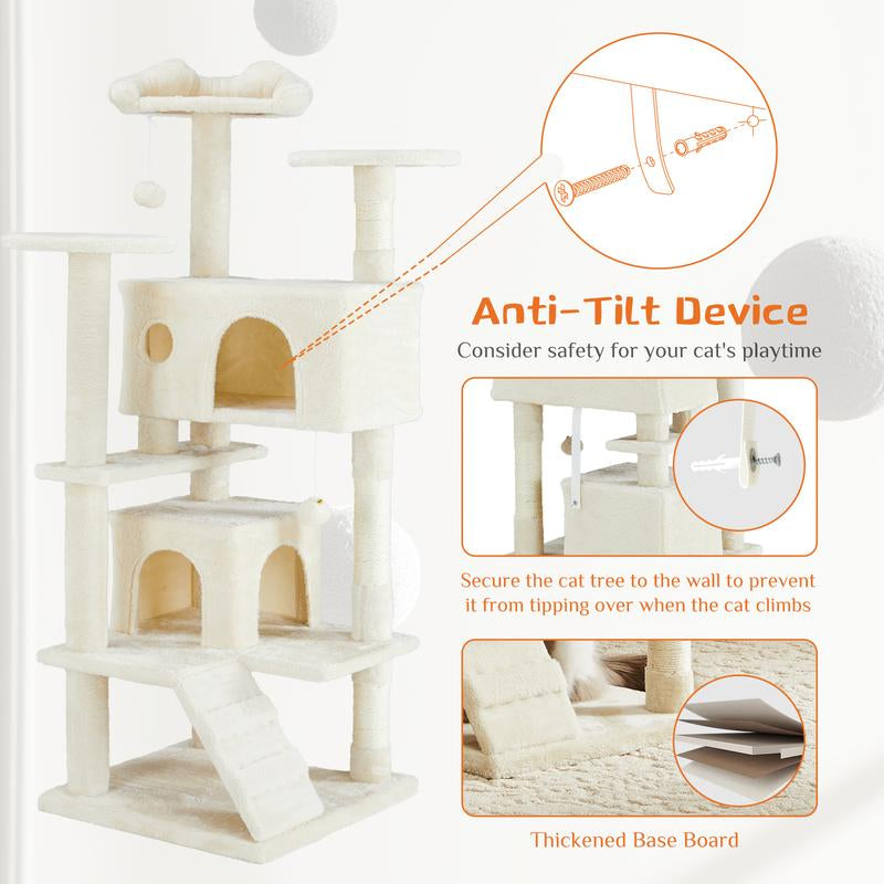 Pettrove Cat Tree Tower for Indoor Cats, 54In Tall Multi-Level Pet Furniture, Stable Kitty Play House with Sisal Scratching Post, Large Condo, Climbing Ladder, Plush Toy for Kitten Cat Treehouse