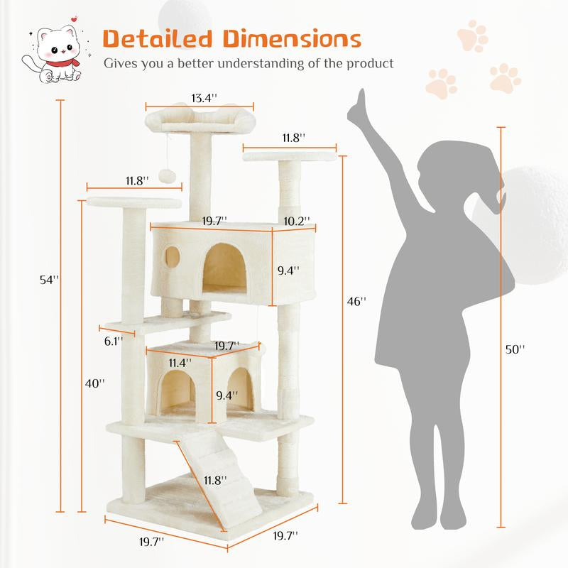 Pettrove Cat Tree Tower for Indoor Cats, 54In Tall Multi-Level Pet Furniture, Stable Kitty Play House with Sisal Scratching Post, Large Condo, Climbing Ladder, Plush Toy for Kitten Cat Treehouse