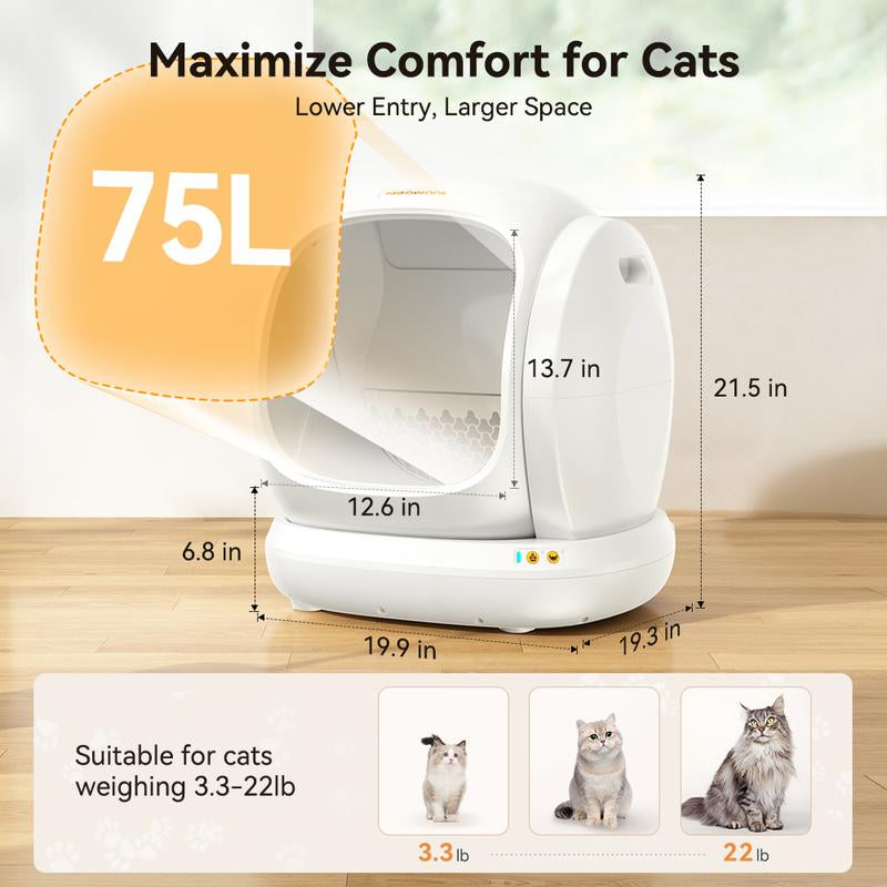 Meowant SC02 75L Extra Large Self-Cleaning Cat Litter Box with APP Control, Safety Protection, Odor Removal, and Included Mat & Liner for Multiple Cats