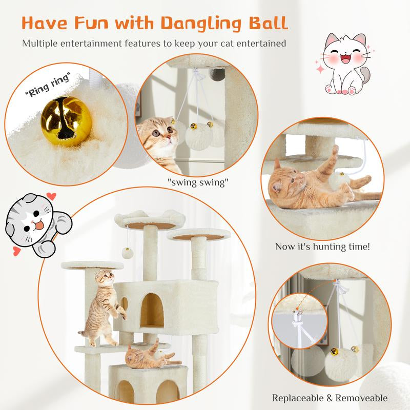 Pettrove Cat Tree Tower for Indoor Cats, 54In Tall Multi-Level Pet Furniture, Stable Kitty Play House with Sisal Scratching Post, Large Condo, Climbing Ladder, Plush Toy for Kitten Cat Treehouse